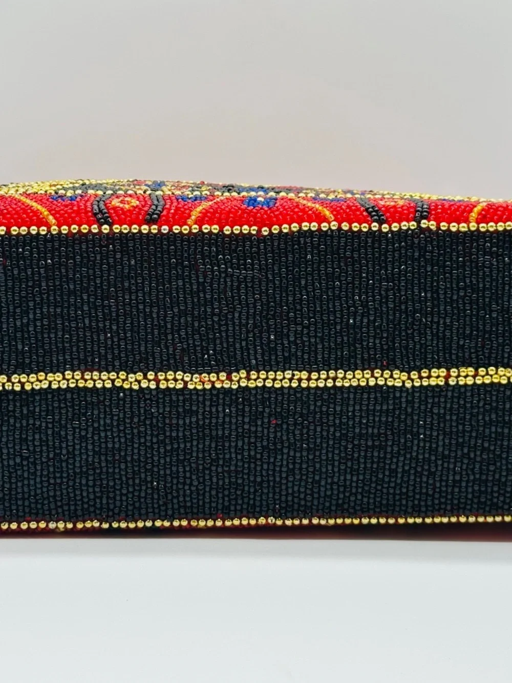 Vintage Large Red Black Gold Beaded Tote Handbag Southwest Geometric Pattern